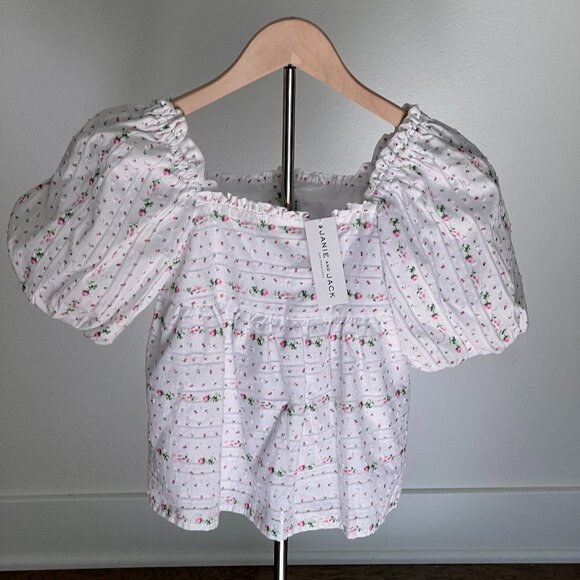 Janie and Jack White & Pink Mini Floral Puff Sleeve Blouse - NWT - Picture 1 of 8